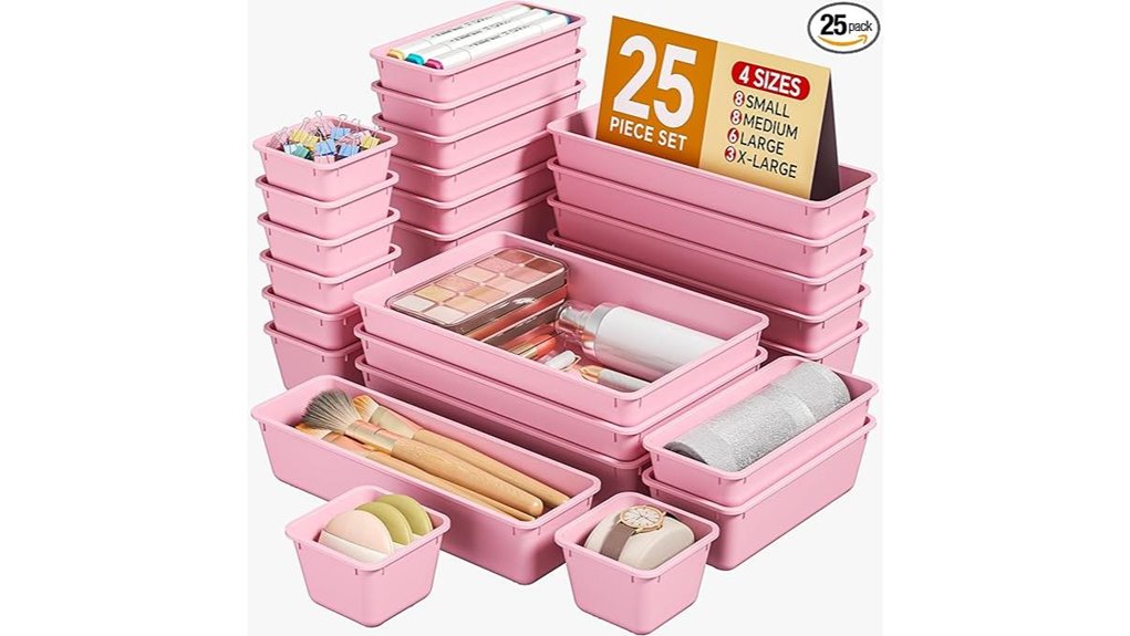 25 piece pink plastic drawer organizers