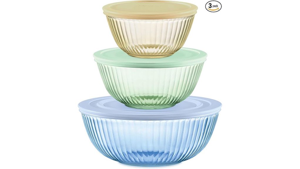 3 sized tinted pyrex bowls
