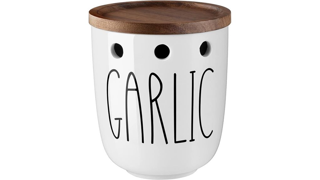 acacia lid ceramic garlic keeper
