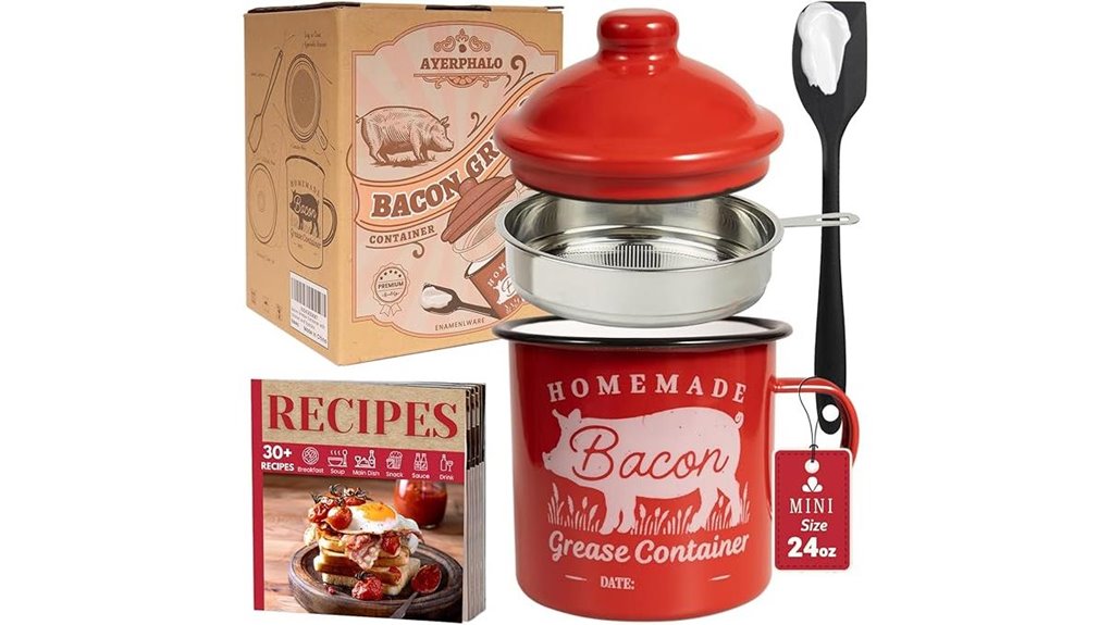 bacon grease container with strainer and spatula