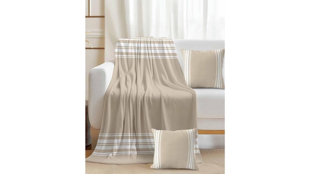 beige striped throw blanket set