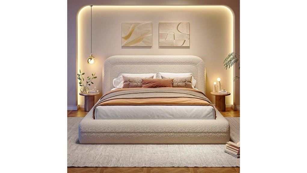 beige upholstered full bedframe with headboard