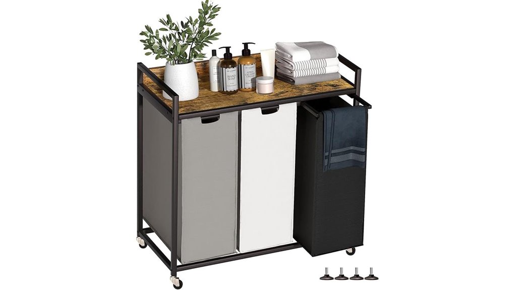 brown wheeled three section hamper
