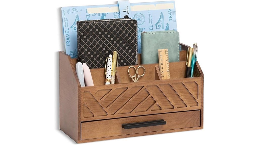 brown wood desk organizer with drawer