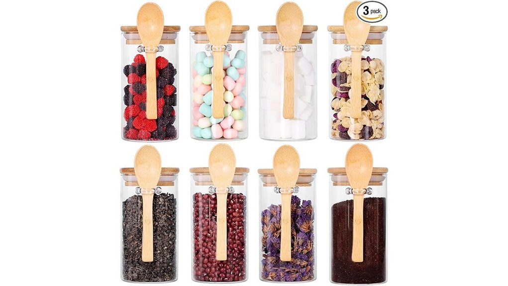 eight bamboo lidded glass tea jars