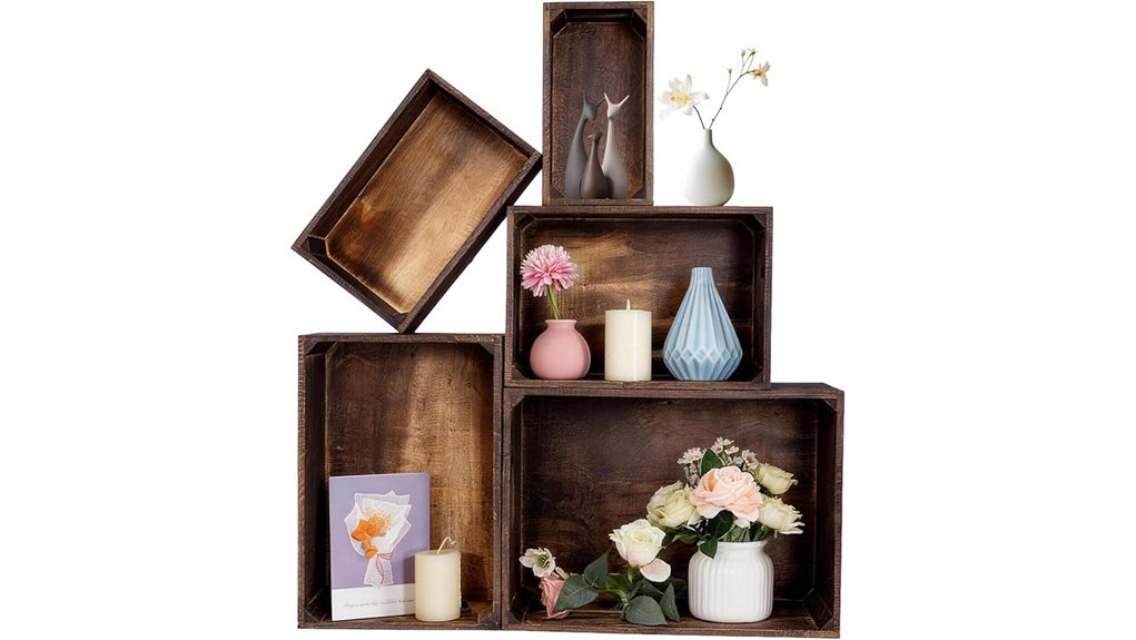 five rustic wooden crates