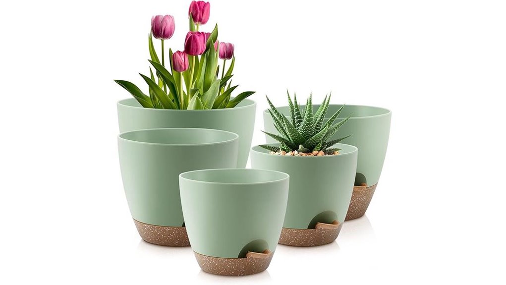 five self watering green pots