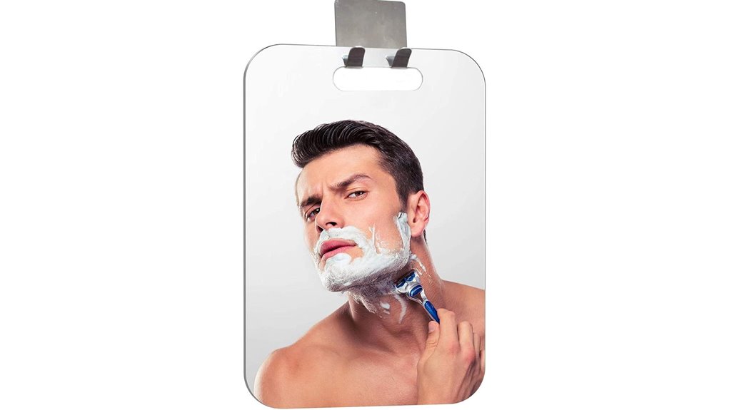 fogless shower mirror with shaver hook