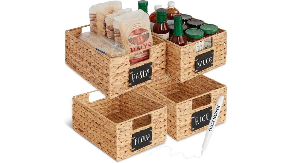 four labeled hyacinth baskets