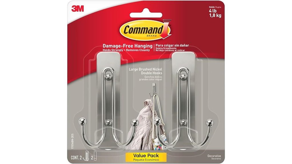large brushed nickel hook with adhesive strips