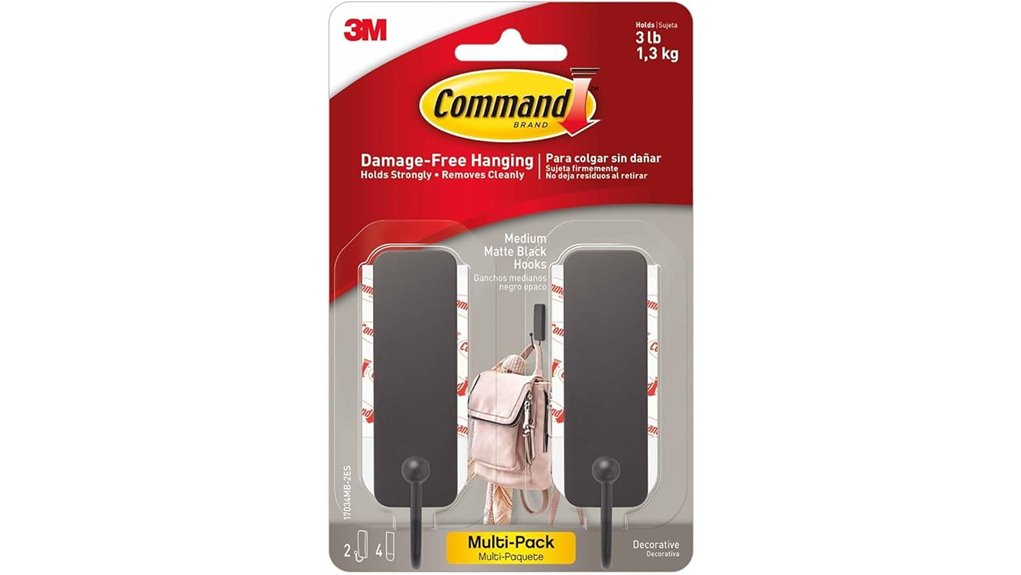 medium matte black hook with adhesive strips