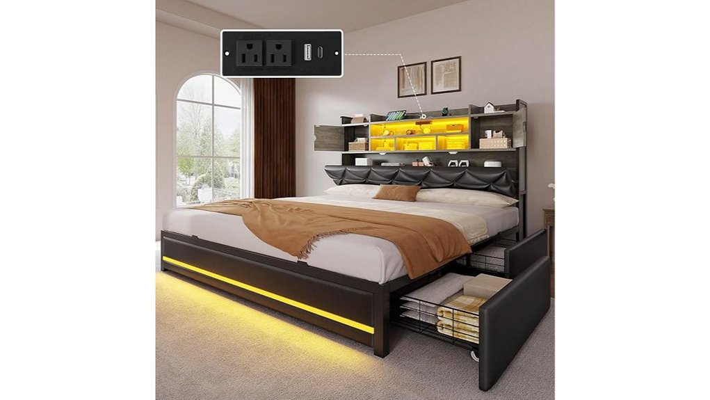 queen bed led drawers