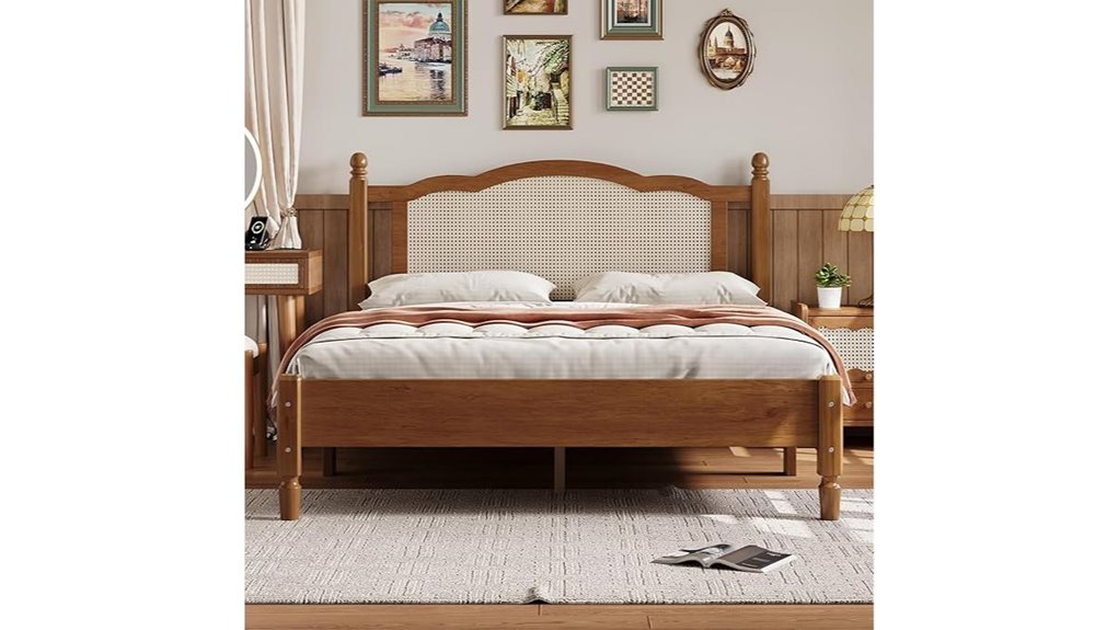 queen size wood bed frame with rattan headboard