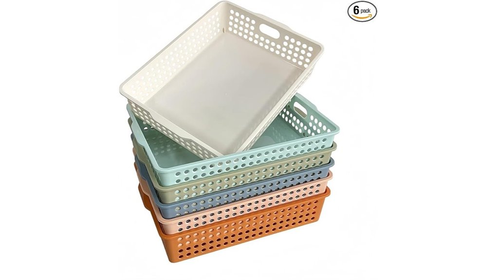 six colorful plastic trays