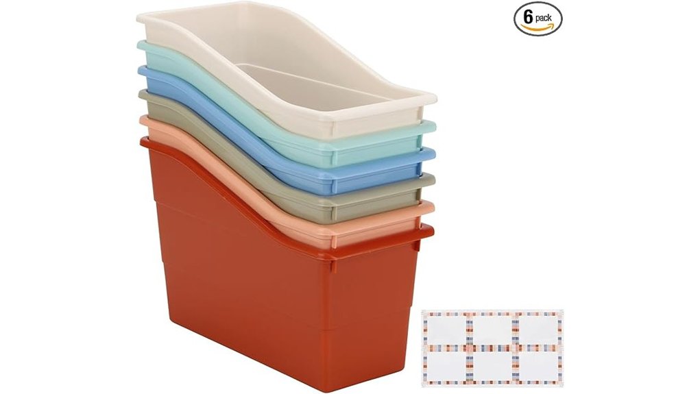 six labeled plastic book bins