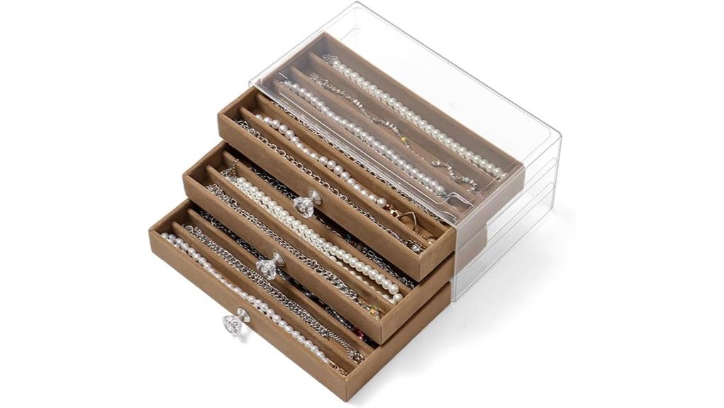 three drawer necklace display case brown