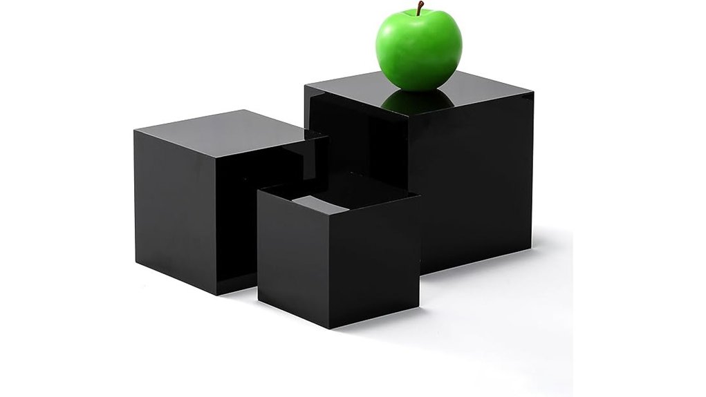 three glossy black risers