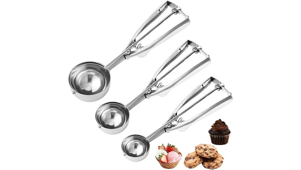 three stainless cookie scoops