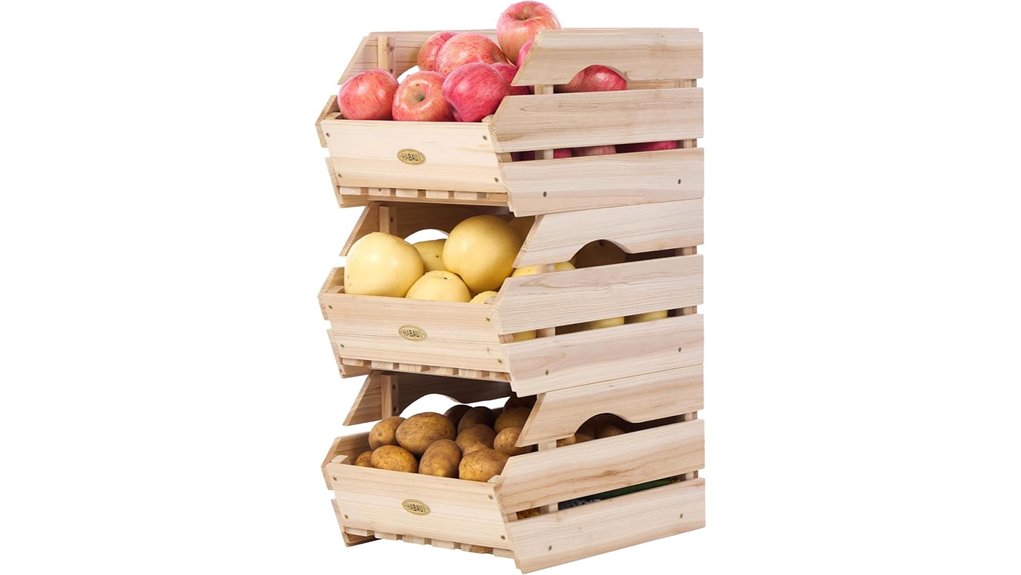 three wooden stackable bins