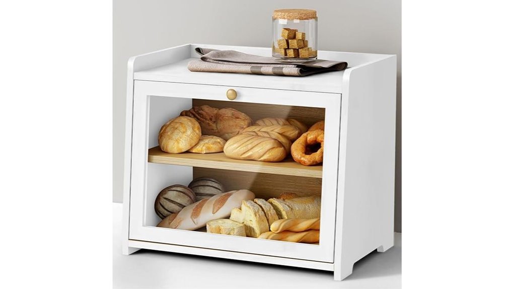white double layer bread box with bamboo wood