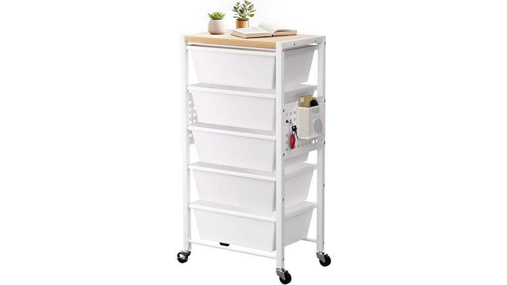white five drawer pegboard cart